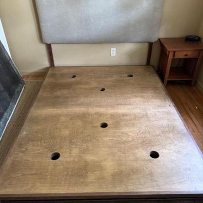 Queen Platform Bed w/ Upholstered Headboard & Warm Wood Finish	