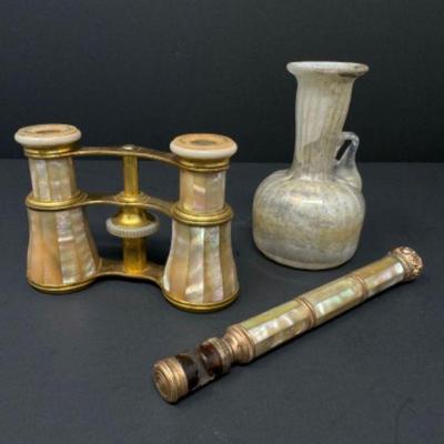 Vintage Opera Glasses & Crete Art Glass Bud Vase	