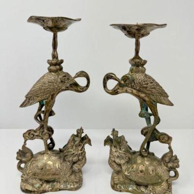 A Pair of Antique Metal Dragon Turtle & Crane Candle Holders	