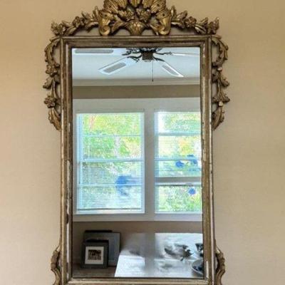 French Louis XVI Style Gold Gilt Mirror w/ Beveled Edge & Rocaille Details	