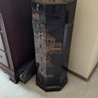 Black lacquer Asian jewelry chest