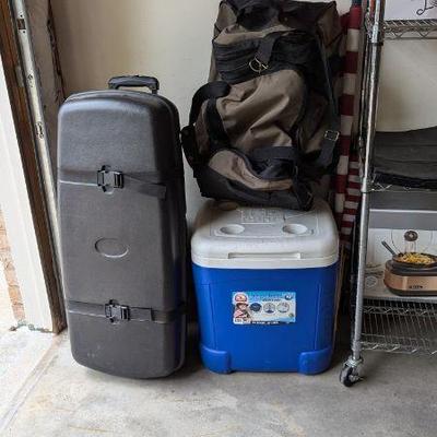 Igloo cooler, large duffel bag, portable business pop up counter