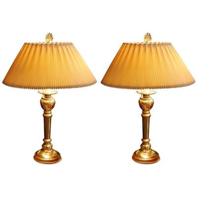 Pair of Stiffel MCM Heavy Brass Hollywood Regency Table Lamps
