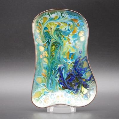 Enamel on Copper Lustrous Colorful Swirl Dish by Laura Smith, Signed