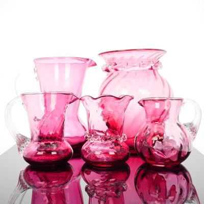 Vintage Pilgrim 5 Piece Cranberry Hand Blown Glass Set