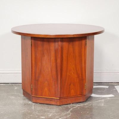 Mid-Century Modern Barrel Style Walnut End Table with Shelf