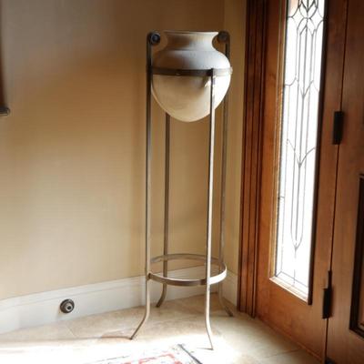 1980's Postmodern Stoneware Planter w/Wrought Iron Stand