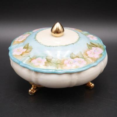 Vintage Wickline Hand Painted 3 Footed Porcelain Bowl w/ Lid & Gold Accents