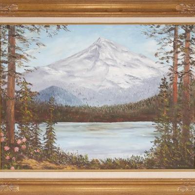 Landscape Painting of a Mountain and Lake, by K. Landis