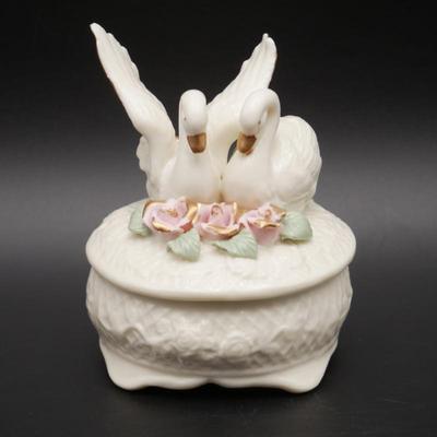 White Repousse Ceramic Trinket Dish w/Gilded Swans & Roses