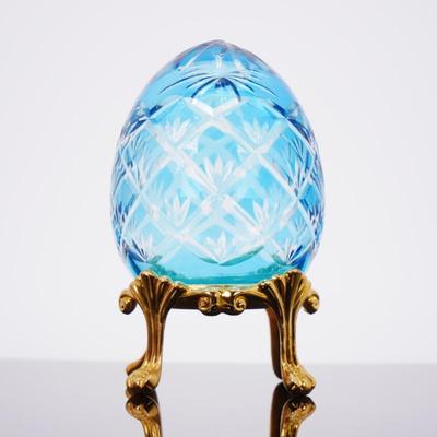 Hollow Blue Glass Egg w/Gold Tone 4-Leg Stand