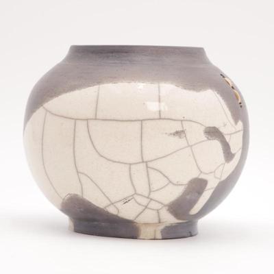 Gray & Cream Raku Style Pottery Vase Signed Byrns