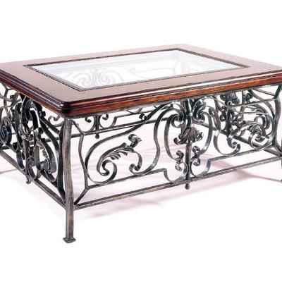 Hekman Loire Valley Cast Iron Scroll Base Wood & Beveled Glass Top Coffee Table