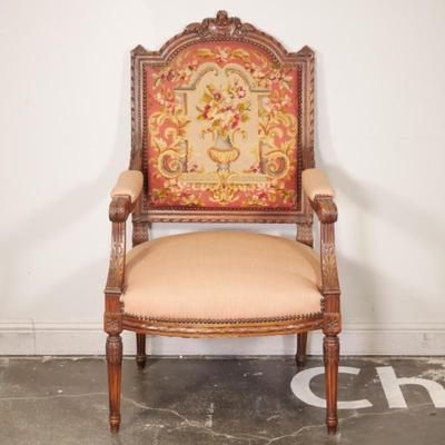 Vintage Louis XVI Style Carved Wood Chair with Embroidery