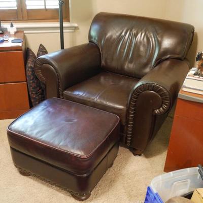 Espresso Leather Art Deco Style Club Chair & Ottoman