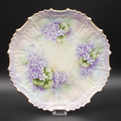 Signed Hand Painted Gilded Plate w/Purple Flowers