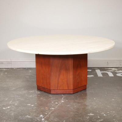 Mid Century Modern Style White Marble Coffee Table with Octagonal Wood Base