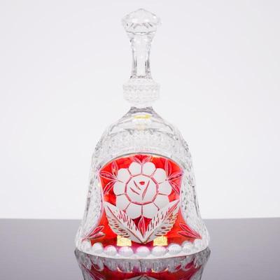 Vintage Anna Hutte Lead Crystal Bell w/ Engraved Red Flower Design