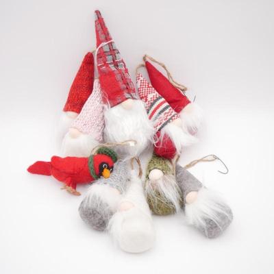 9pc Assorted Plush Gnomes & 1 Cardinal Ornaments (10pcs Total)