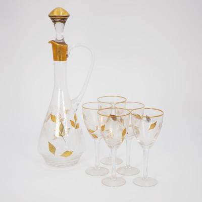 Toscany Hand Made Gilded Etched Glass Decanter & 5 Wine Glasses