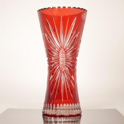 Schonborner Bleikristall Ruby Red Cut to Clear Crystal Vase