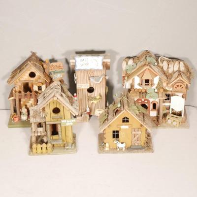 Lot Of 5 Handmade Craft Art Bird Houses ft. A Barn, A Bait Shop + More
