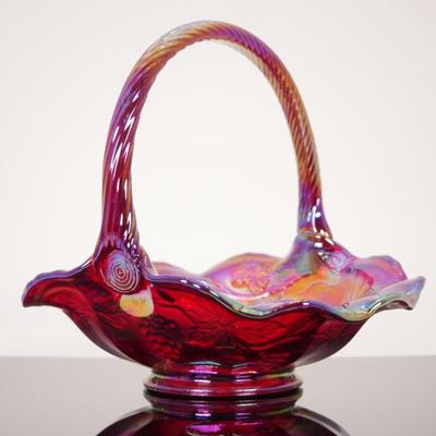 Iridescent Ruby Red Carnival Glass Basket