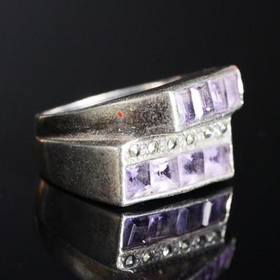 925 Sterling Silver, Amethyst & Marcasite Ring Size 5
