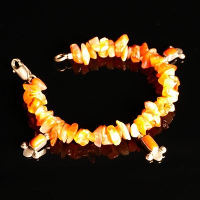 Carnelian Gemstone Chip Beaded Bracelet w/925 Sterling Silver Clasp