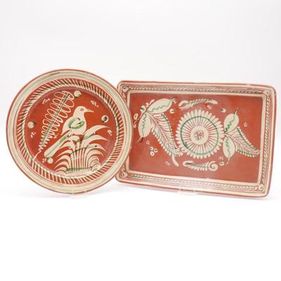 Hand Painted Mexican Terracotta Redware Serving Dishes (Set of 2)