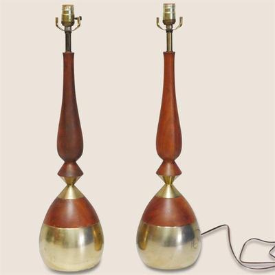 Pair of 1950's Tony Paul for Westwood MCM Sculpted Walnut & Brass Table Lamps