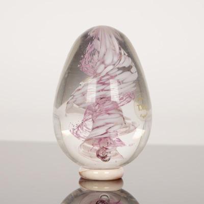 Pink & White Swirl Art Glass Egg Paperweight w/Stand