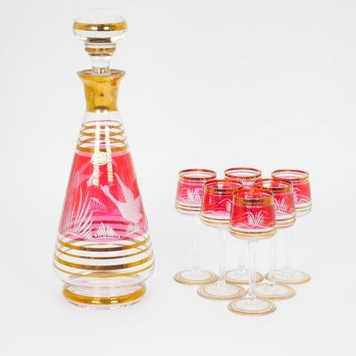 Bohemia Crystal Pink Cranberry Gilded Etched Cordial Decanter Set (7pcs Total)