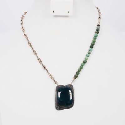 Asymmetrical Moss Agate Beads & Pendant Necklace