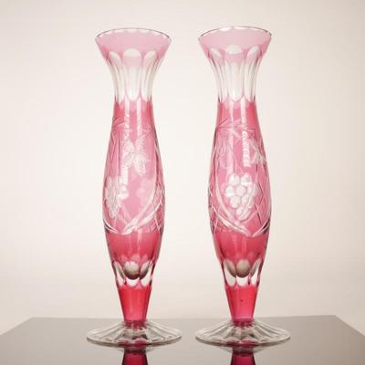 Pair of Fuchsia Cut to Clear Crystal Bud Vases