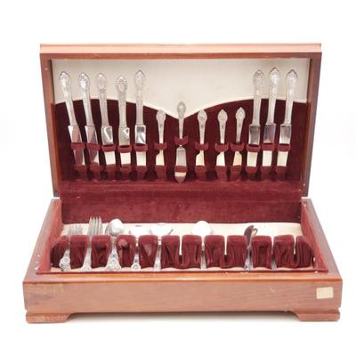 Community Plate Stainless Steel 62pc Monogrammed Flatware Set in Wood Chest