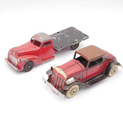 Vintage Marx Tin Wind-Up Coupe & Hubley Metal Flatbed Truck