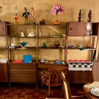 Mid century modern modular book case. ORIENTAL FIGURES PULLED BY THE ESTATE