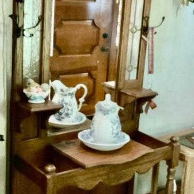 Hall tree, bowl and pitcher