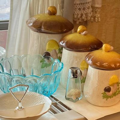 Mushroom canisters, glassware