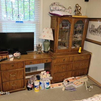 mid century campaign style dresser, desk, display cabinet system