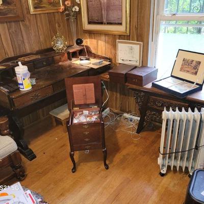 trestle table desk, chinese chest, 