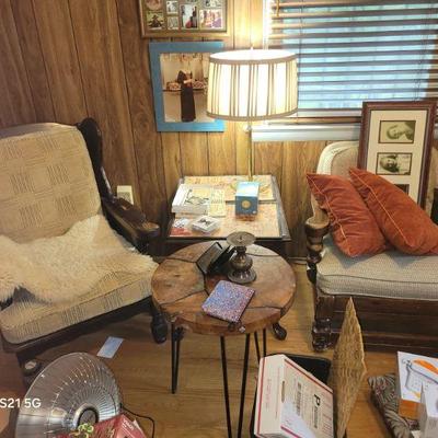 mid century arm chairs, pillows, end tables, 