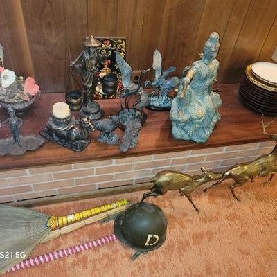 various Asian decor pieces, Buddha, birds, etc.