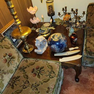 walnut square coffee table, brass and other candle sticks mid century