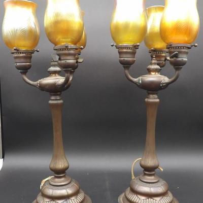 Pair of Greco Roman 3 Light Tiffany Torchier Favrile Pulled Feather Shades