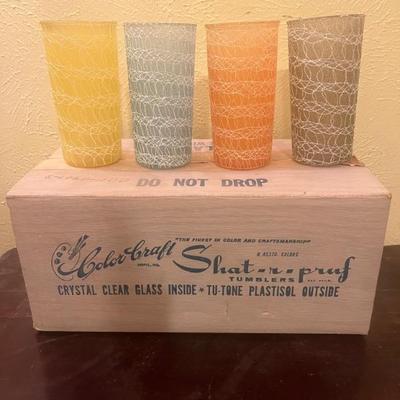 Vintage Mid Century Modern Spaghetti String Tumblers “Shat-R-Pruf” Still in Original Box! Set of 8