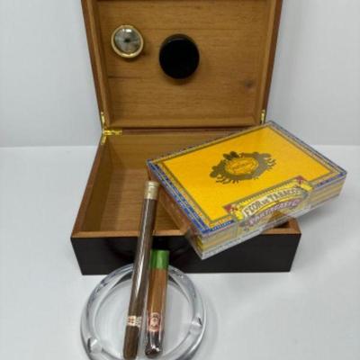 Wooden Cigar Humidor w/ Partagas Cigars, Ashtray, & Hygrometer	