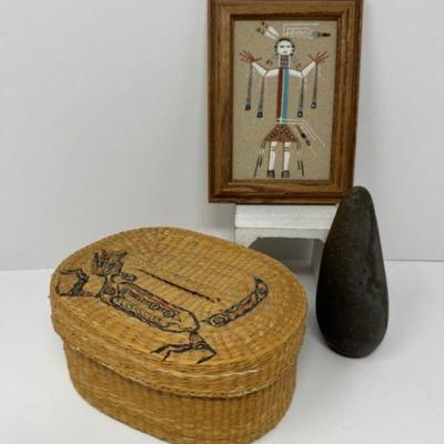 Native American and Alaskan Artifacts: Sand Painting, basket, & Stone Hand Axe	