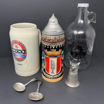 Vintage German Beer Stein, Pewter Collectibles, & Barware Ensemble	